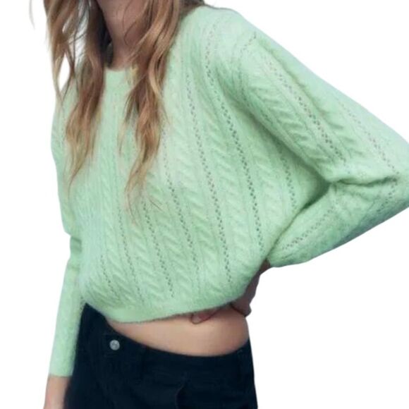 Zara Mint Green Alpaca Wool Blend Cropped Cable Knit Cropped Sweater Size Medium - Picture 4 of 10